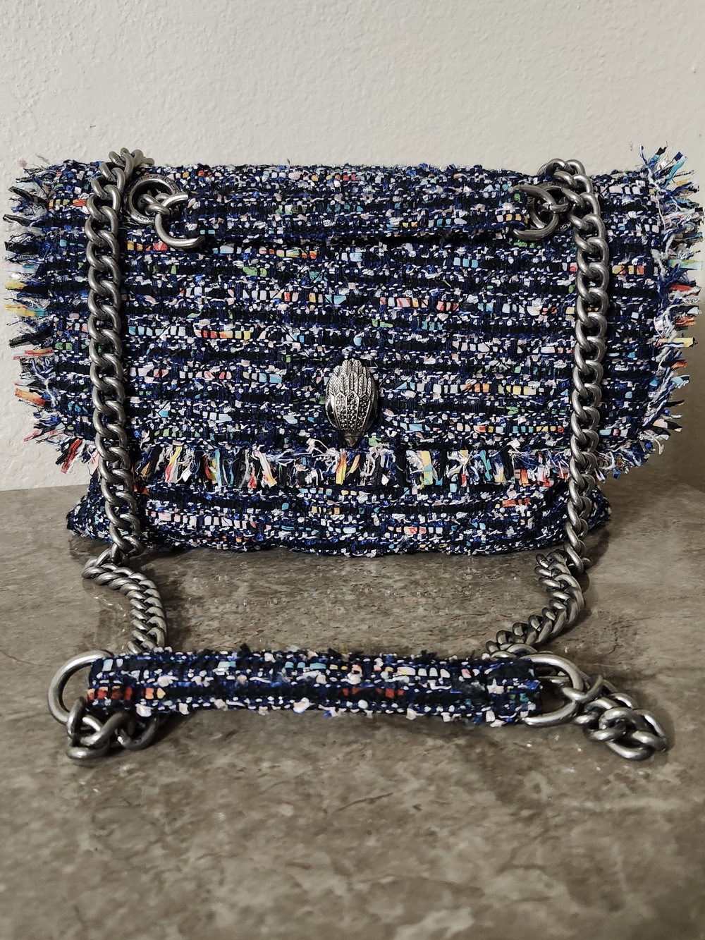 Kurt Geiger Navy Tweed Fringe Chain Shoulder Bag